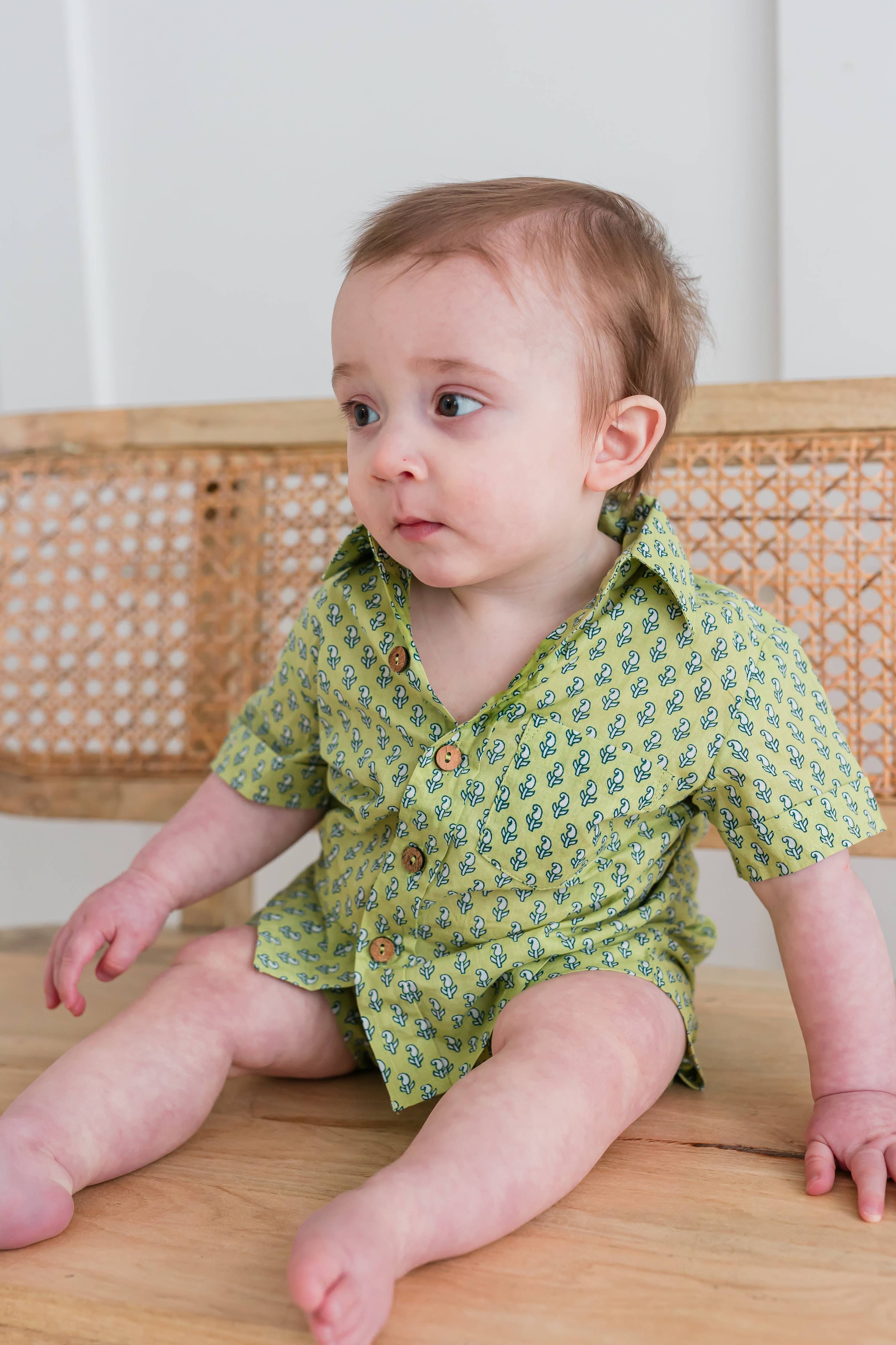 Sage-Green Printed Boys Shirt & Shorts set
