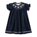 Blue Velvet Silver Bows Smocked Ruffle Bishop Dress