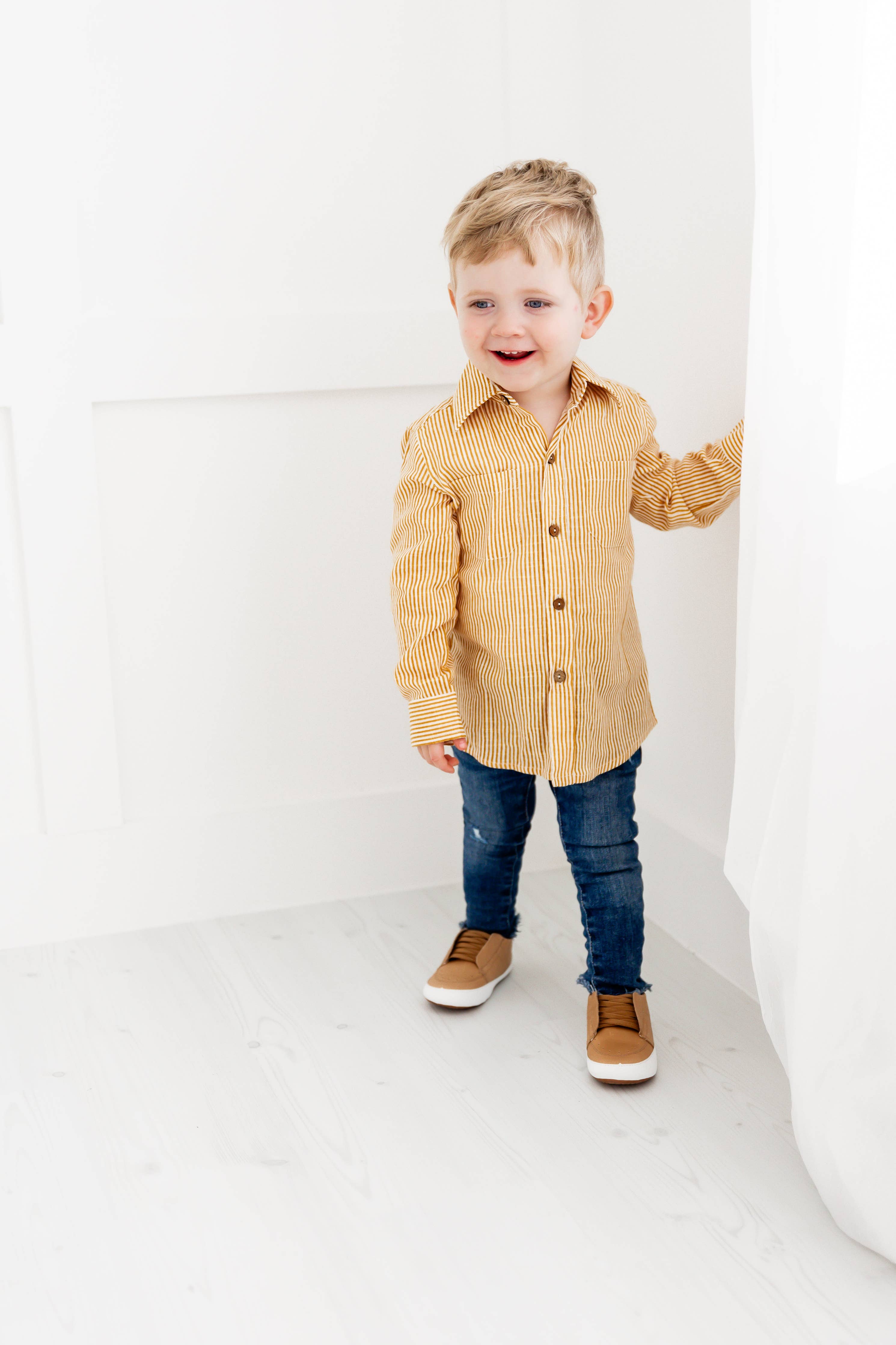 Enrique Mustard Stripes Printed Boys Shirts