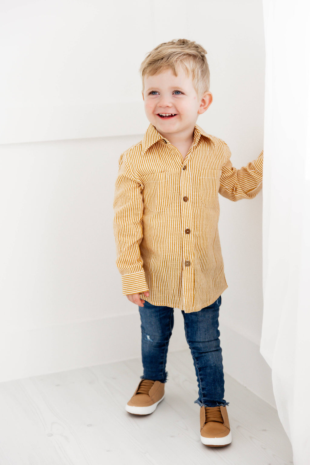 Enrique Mustard Stripes Printed Boys Shirts