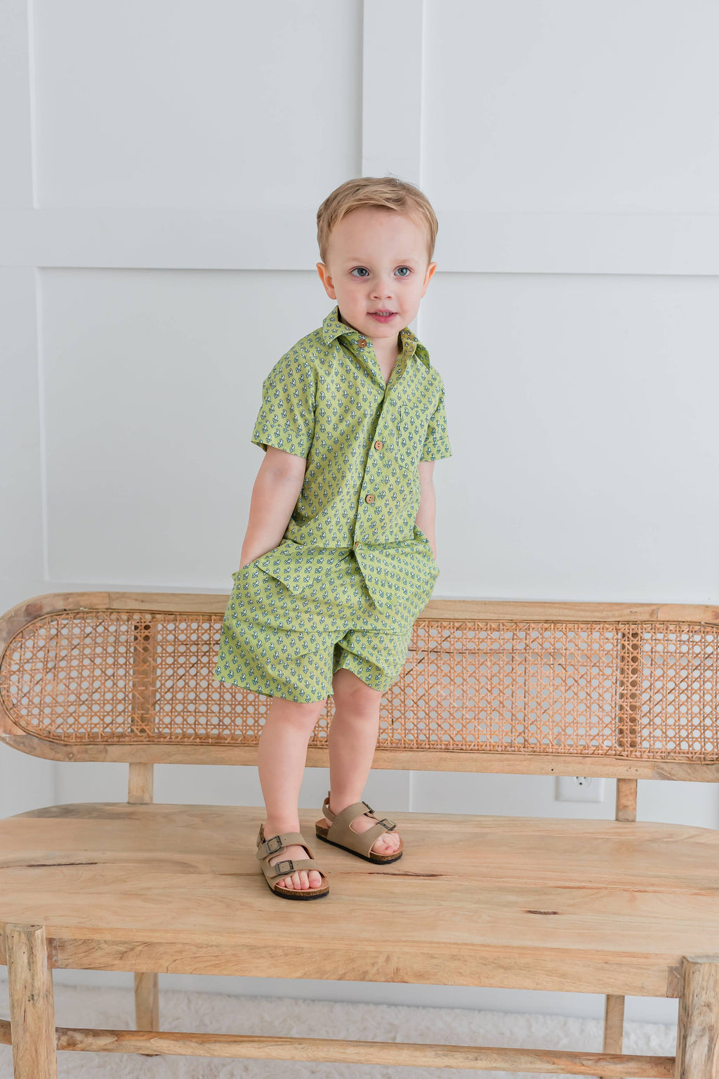Sage-Green Printed Boys Shirt & Shorts set
