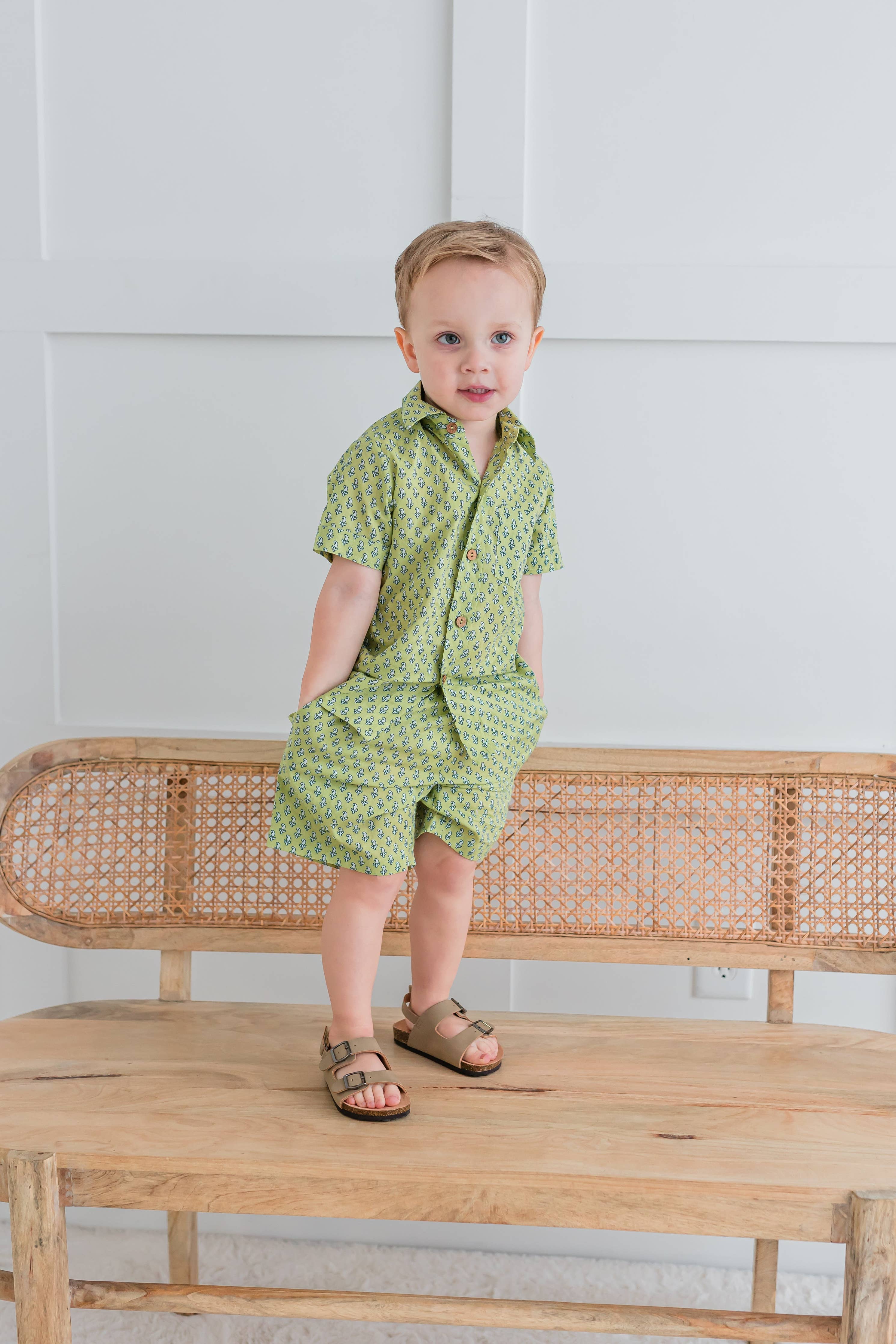 Sage-Green Printed Boys Shirt & Shorts set