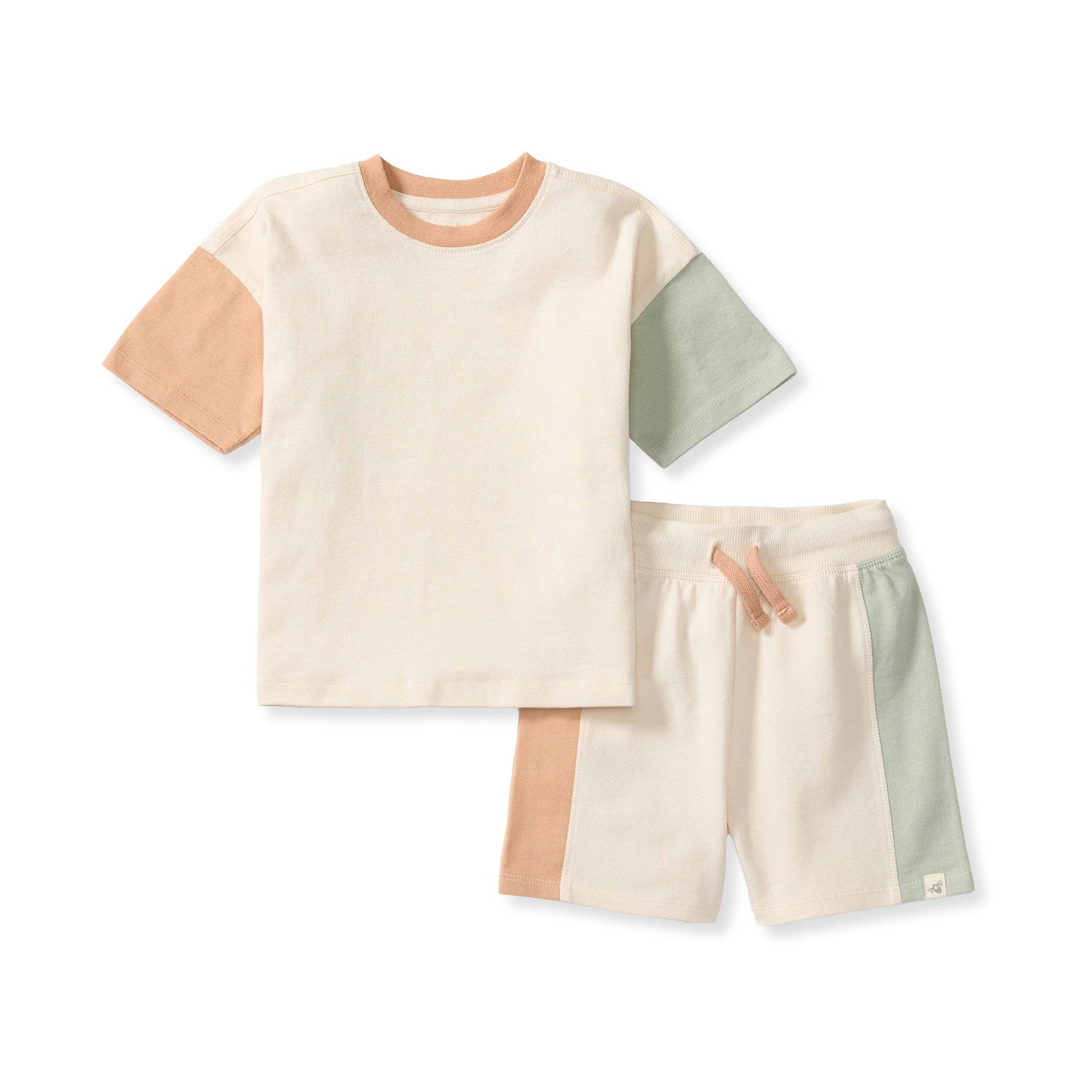 Color Blocked Tee & Shorts Set - Oat Beige