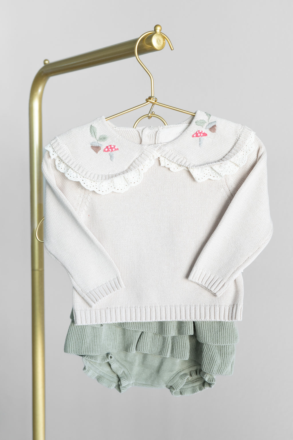 Knit Sweater w/ Embroidered Peter Pan Eyelet Lace Collar + Sage Skirt