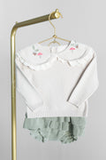 Knit Sweater w/ Embroidered Peter Pan Eyelet Lace Collar + Sage Skirt