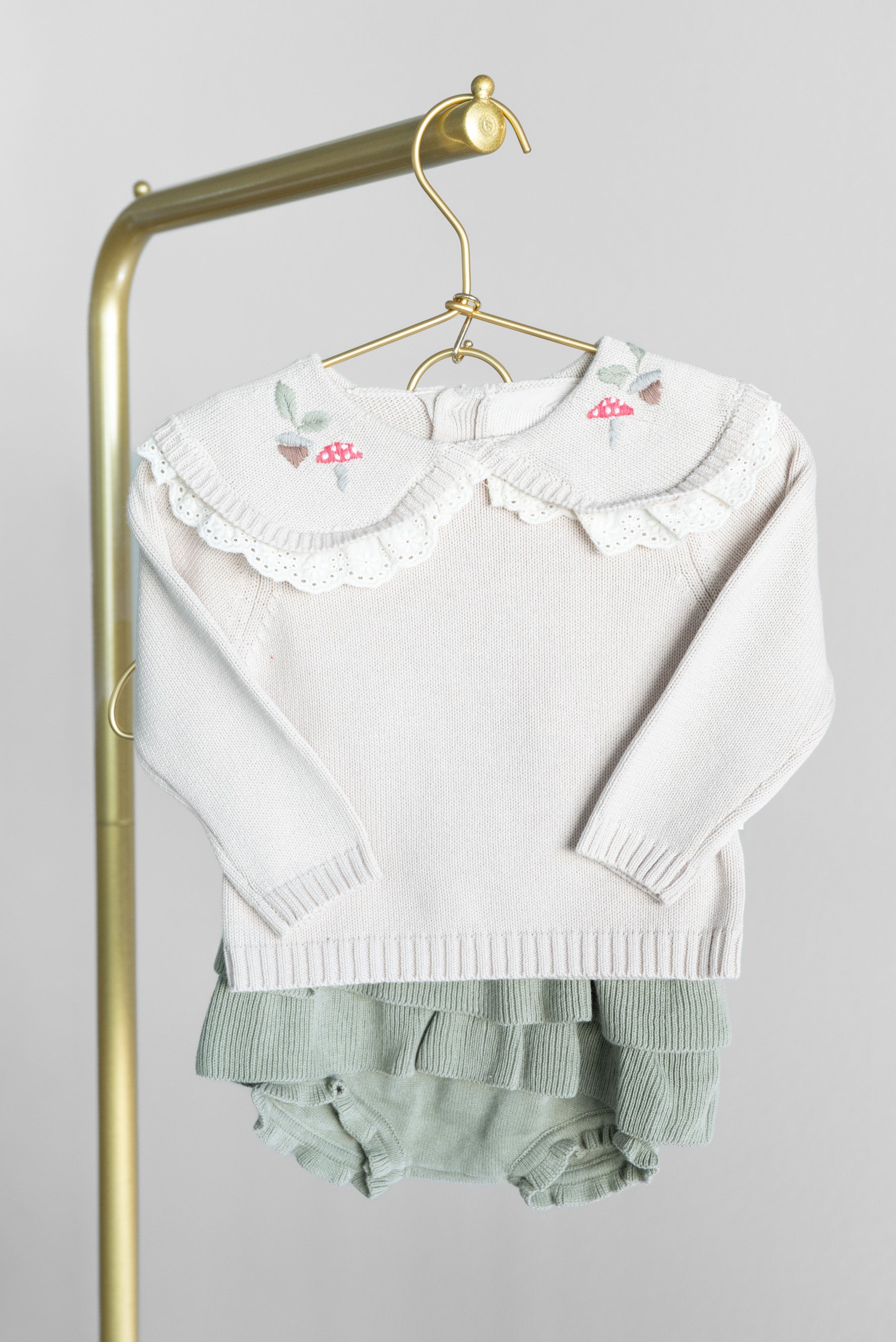 Knit Sweater w/ Embroidered Peter Pan Eyelet Lace Collar + Sage Skirt