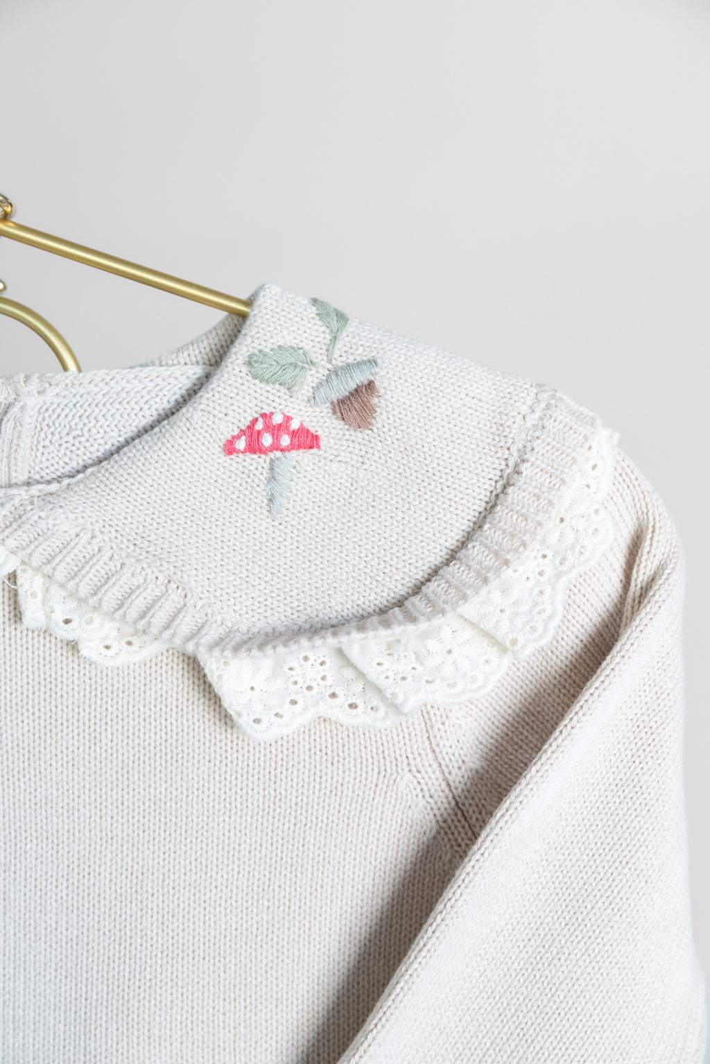 Knit Sweater w/ Embroidered Peter Pan Eyelet Lace Collar + Sage Skirt