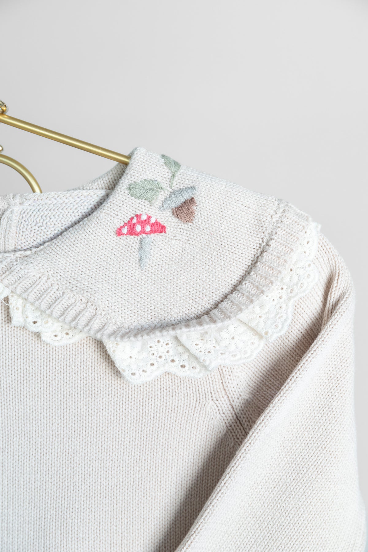Knit Sweater w/ Embroidered Peter Pan Eyelet Lace Collar + Sage Skirt