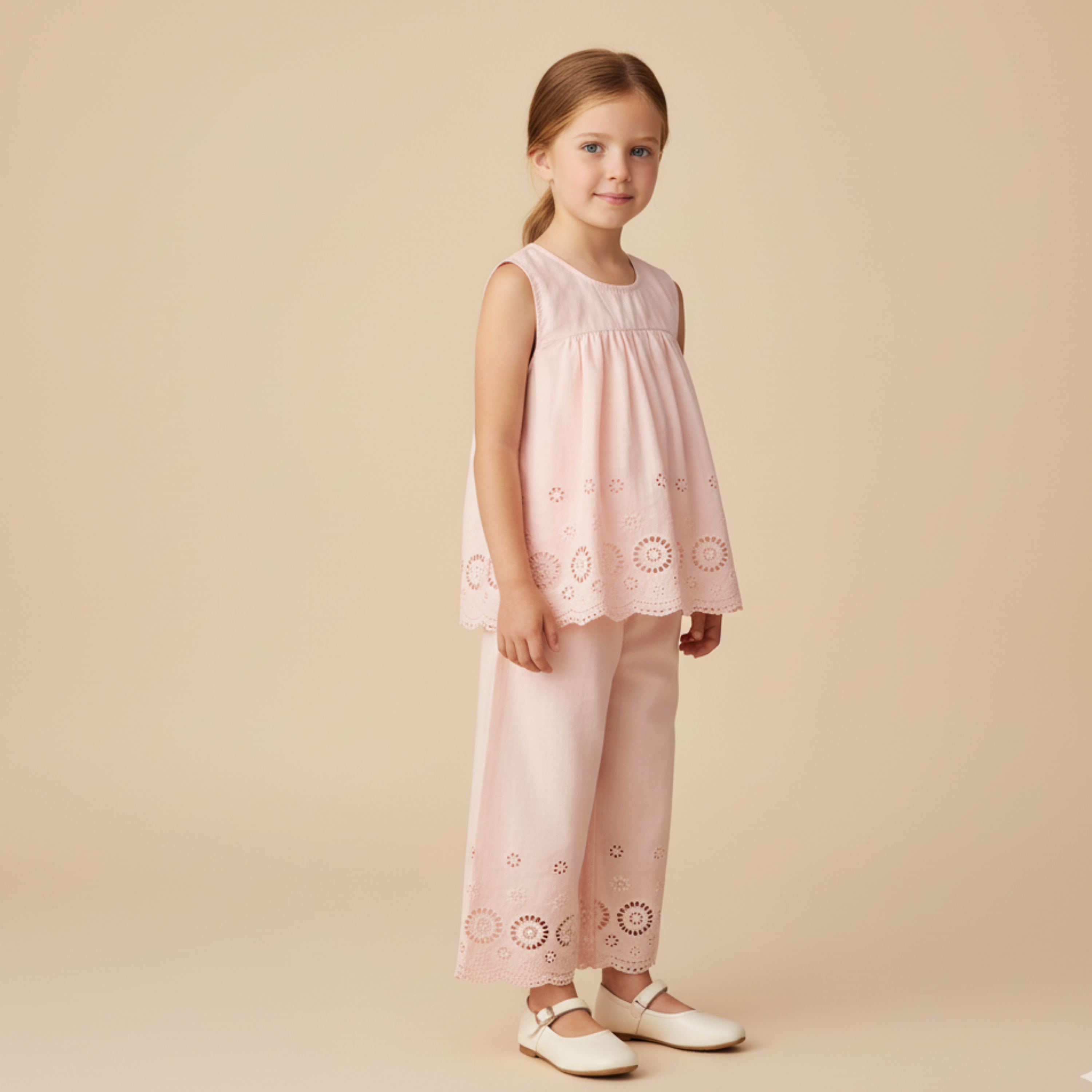 Emilia Organic Top And Pant Set - Blush Eyelet