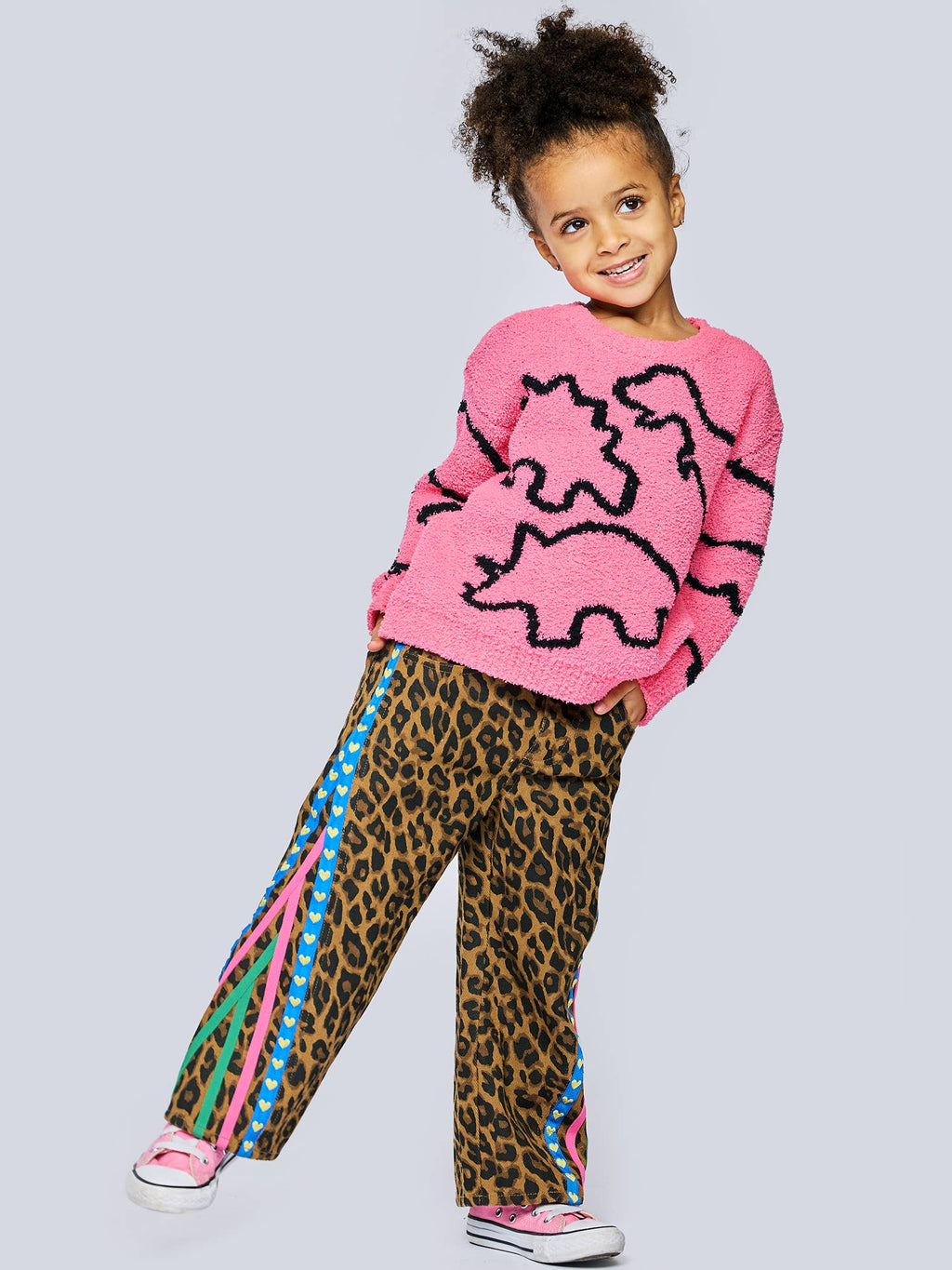 Leopard Print Denim Pants W/ Side Trim Detail