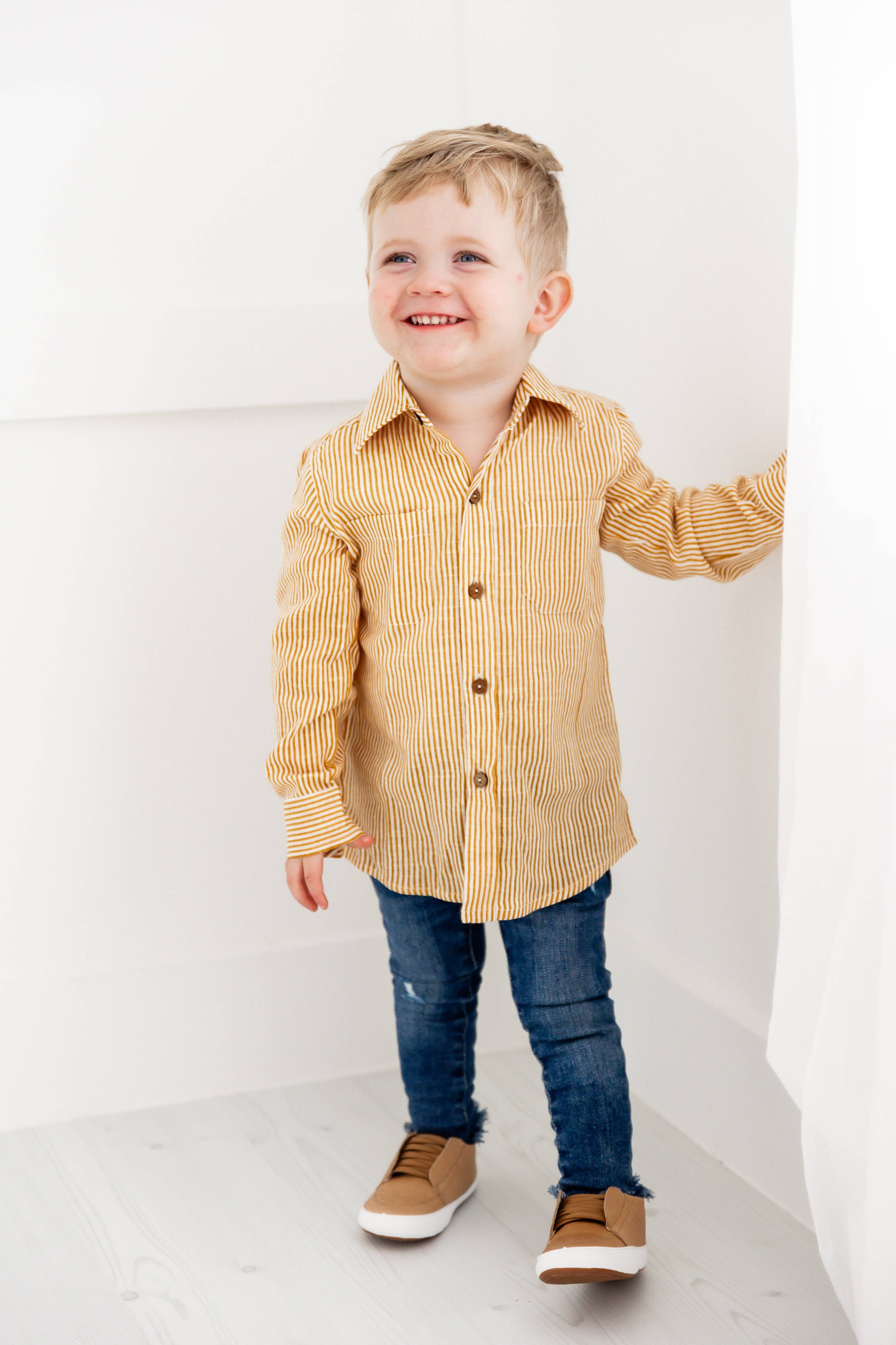 Enrique Mustard Stripes Printed Boys Shirts